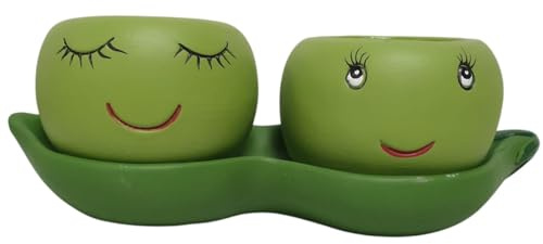 Peas in a Pod Cement Planter Set Distinctive Double Pot with Smiling Face Design Charming Creative Decorative Plant Holder for Succulents Herbs Small Flowers Eye-Catching Quirky Home Office Balcony