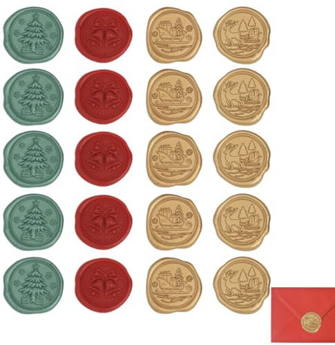 YUPZAR 20 Sellos de Cera Adhesivos de Navidad Ø27mm – 4 Diseños Oro Rojo Verde – Etiquetas Merry Christmas Autoadhesivas para Sobres Invitaciones Regalos Decoraciones Navideñas Manualidades