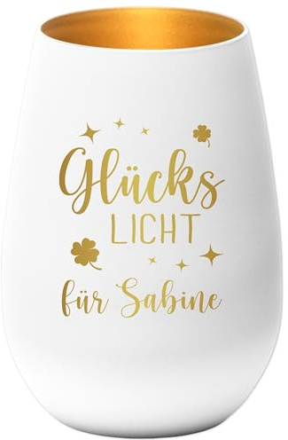 Glückslicht Windlicht Glas personalisiert Teelicht Kerzenglas mit Gravur Glückskerze Glücksbringer Geschenk (Weiß)