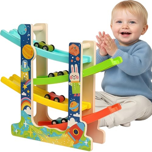 Muslecid Holz-Kugelbahn Autorennbahn mit 6 Autos Spielzeug Kugelbahn ab 1 Jahr für Jungen und Mädchen Lernspielzeug für Kinder, Kinderspielzeug Geschenk (Raum)