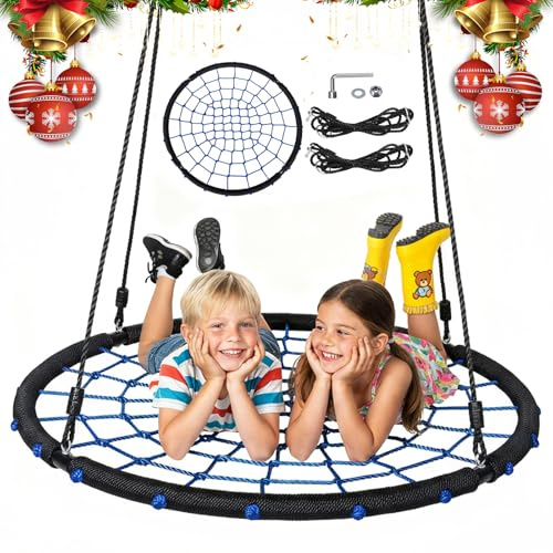 Wooden Outdoor Swing Set for Kids & Adults, Wooden Swing Seat with Height-Adjustable Rope,330 lbs Capacity, to Install on Trees, Ceilings & Outdoor Beams (Blue-120cm)