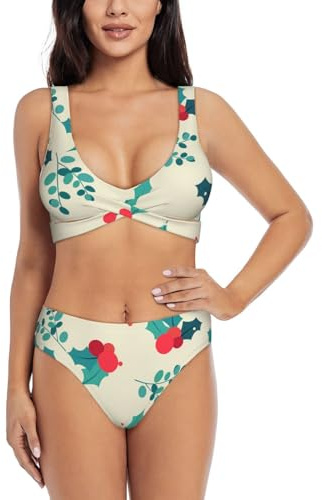 Photinia Arbutifolia Women's Split Cross Bikini Full-Width Printed High Elastic Swimsuit Nylon Fabric Which Black