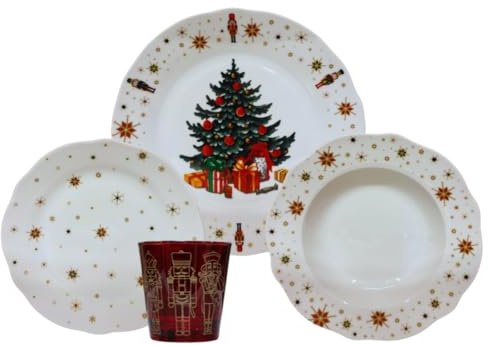 Omniacasa Servicio de platos de Navidad de porcelana para 6 personas con vasos: 24 piezas, decoraciones con árbol de Navidad, cascanueces y estrellas, rojo y blanco, apto para lavavajillas y