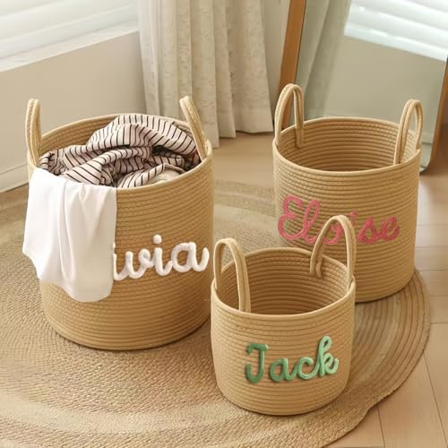 Cesta De Lavandería Personalizada Con Nombre, Cesta Grande De Cuerda De Algodón Tejida Para Dormitorio, Como Cubo De Ropa Sucia Y Organizador De Almacenamiento Multiusos Para Juguetes(Brown,L)