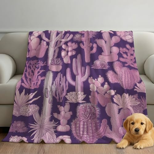 Fleece Throw Blanket 60 x 80 Twin Size, Plush and Fluffy Peach Pink Vintage Blanket for Sofa Couch Bed, Holiday Theme Cactus Coral Home Décor Blankets Fuzzy Warm Cozy