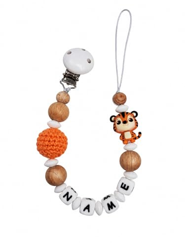 Individuell gestaltetes Babygeschenk personalisiertes Schnullerkette mit Namen für Mädchen oder Junge Baby Geschenk personalisiert zur Geburt & Taufe (Tiger)