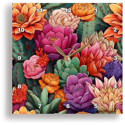 3dRose Colorful Orange Coral Flower Cactus Pattern 10x10 Wall Clock