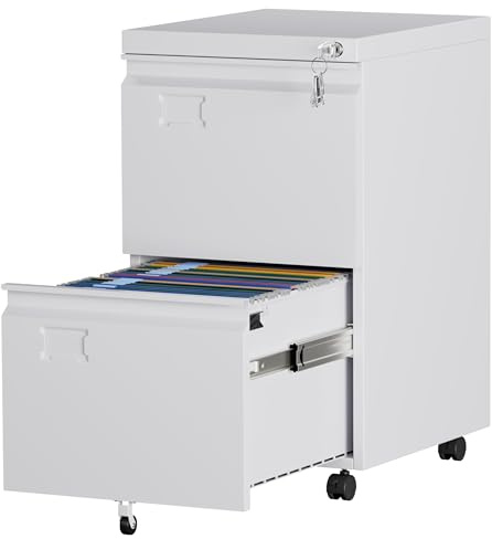 Aobabo Rolling File Cabinet with Lock,2 Drawer Metal Filing Cabinet for Home Office & Under Desk, Heavy-Duty Mobile Storage with 5 Wheels (Anti-Tilt), Fits Letter/Legal,WhiteRequired Assembly