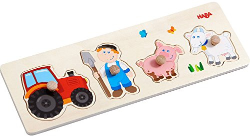 HABA 303185 HABA 303185 - Greifpuzzle Landleben, 4-teiliges Holzpuzzle mit Bauernhof-Motiven und großen Holzknöpfen zum Greifen, Holzspielzeug ab 12 Monaten, transparent