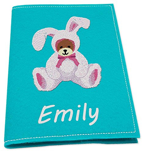 ★ Filz U-Heft-Hülle ★ bestickt mit Name + Datum und Motiv ★ Bär Hase rosa ★ Untersuchungshefthülle ★ Filzfarben maigrün hellgrau dunkelgrau pink hellblau schwarz türkis hellblau ★ (türkis)