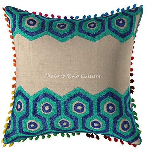 Stylo Culture Bohemio Fundas Almohadones Decorativa 40x40 cm Algodón Geométrico Fundas para Cojines Sofa Verde 16x16 Inch Pompón Bordado De Felpa Cuadrado Cremallera Funda Cojin Cama - 1 Pc