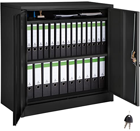 tectake® Aktenschrank abschließbar, Metallschrank mit Sicherheits-Zylinderschloss, Büroschrank abschließbar, Mehrzweckschrank aus Stahl, 3 höhenverstellbare Einlegeböden, 90 x 40 x 90 cm - schwarz