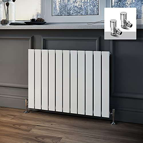 ELEGANT Horizontal Column Designer Radiator Oval Flat Panel White Modern Central Heating Radiators Single Panel 600 x 836 mm + Valves Chrome