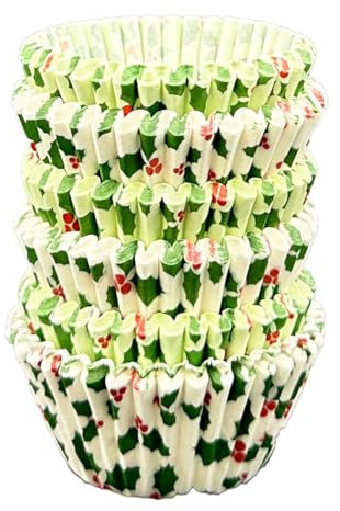 Scrumptious! - 150PC Mini Muffin Cases - Christmas Holly Mix - 45GSM 31mm x 23mm White, Green and Holly Paper Baking Cases - for Xmas and Festive Themed Party Cakes, Bakes