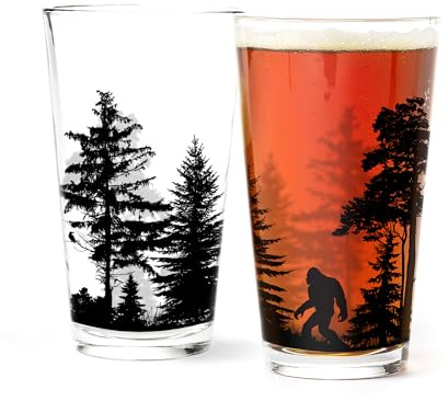 Pint Glasses by Black Lantern – Beer Glasses for Craft Beer Enthusiasts - Set of Two 16oz. Glasses - Bigfoot in the Forest Cocktail and Drinking Glasses - Bigfoot Lover Gifts