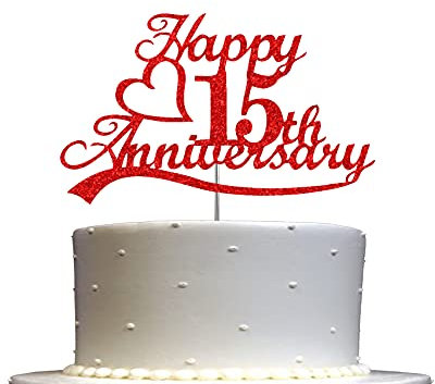 15th Anniversary Cake Topper Red Glitter, 15 Wedding Anniversary Party Decoration Ideas, Sturdy Doubled Sided Glitter, Acrylic Stick. Made in USA (15th Red)
