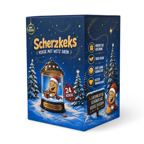 Scherzkeks Adventsbox mit 24 Keksen | Glückskekse mit lustigen Fragen & Antworten in dekorativer Weihnachtsbox, als Adventskalender, zu Weihnachten, Nikolaus, zum Wichteln, Silvester, Geschenk Set