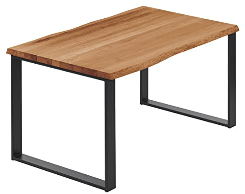 LAMO Manufaktur Esstisch Küchentisch Schreibtisch Couchtisch aus Massivholz, mit Baumkante 140x60x76 cm (AxBxH), Modern, Dunkel/Schwarz, LNB-01-A-004-9005M