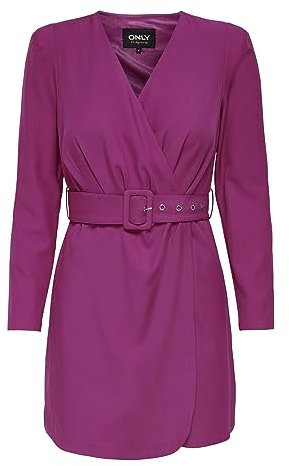 Only Vestido Corto Cuello en V con Tirantes y Mangas Largas, Falda Billetera y Cinta en la Vida., fucsia, M
