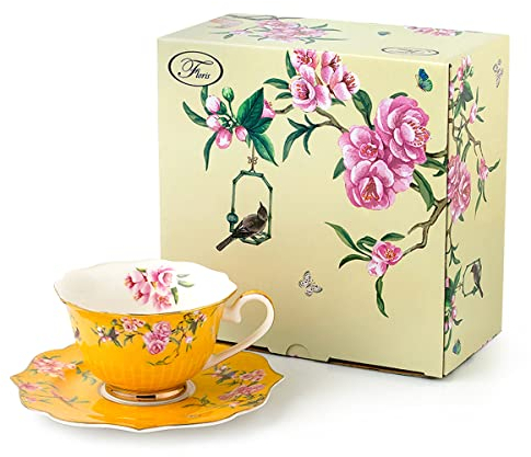 Eplze Pink Peony Flowers Pattern Ceramic Tea Cup with Saucer, Bone China Teacup for Afternoon Tea or Home Décor- Yellow (Cup and Saucer Set)