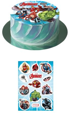 Dekozauber24 2er Set Avengers Essbarer Tortenaufleger 15,5cm + Muffinaufleger, Tortendeko Kindergeburtstag Tortenbild