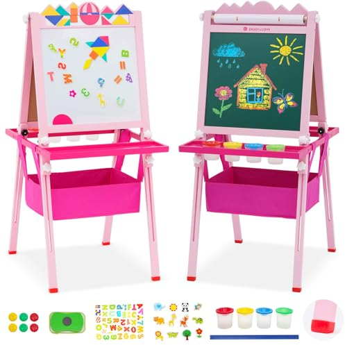 Kinder Spiel-Tafel aus Holz| Doppelseitige Kindertafel mit Tangram-Puzzle, Höhenverstellbar mit mit Papierrolle, Kreidetafel, Whiteboard, 4 kleinen Schüsseln und anderem reichhaltigem Zubehör