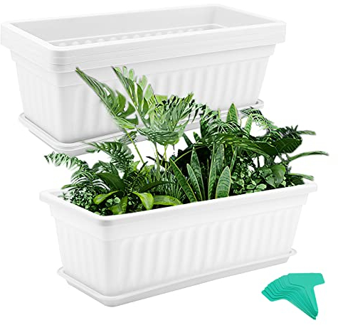 MUKCHAP 4 fioriere rettangolari in plastica bianca da 43 cm, con vassoi ed etichette per piante, bianco fioriera da balcone plastica rettangolari per davanzali per verdure
