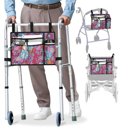 supregear Walker Tasche mit Getränkehalter, Wasserdicht Rollstuhltasche Falten Walker-Zubehör Korb für Rollstühle, Rollatoren, Roller, Violett Geblümt
