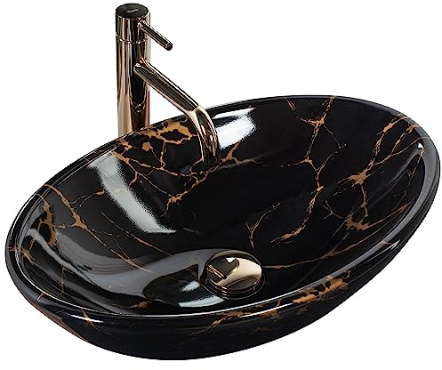 Rea VASQUE À POSER Pamela Black Marble Shiny Lavabo Salle de Bain 530 x 330 x 150 mm en Céramique (imitation de pierre)