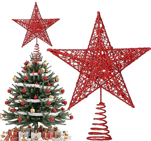 Stella Di Ferro Per Albero, Stella Dell'Albero Glitterata Oro,Albero Di Natale Stella Ornamenti, Stella Punte Albero Di Natale, Pizzo d'Oro, Per La Decorazione Dell'Albero Di Natale, 20cm, Rosso