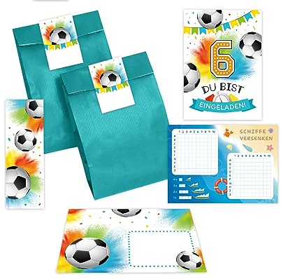 Minkocards Einladungskarten-Set zum 6. Geburtstag Junge Fußball Fussball Einladungen sechste Geburtstag incl. 12 Umschläge, 12 Partytüten/petrol, 12 Aufkleber, 12 Lesezeichen, 12 Schiffe versenken