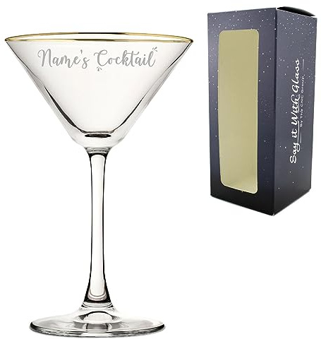 Personalised Engraved Gold Rim Martini Cocktail Glass with Name's Cocktail Design, Personalise with Any Name for Any Occasion, Gift Box Included, Laser Engraved