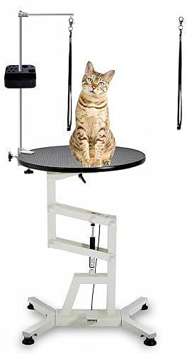 CHHMAELOVE Runder Hundepflegetisch für kleine Hunde, 60 cm, mit Aufbewahrungsbox, Luftdrucklift/höhenverstellbar, klappbarer Badetisch mit Überkopfarm und Schlingen