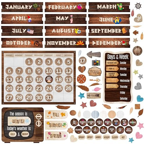 124PCS Kalender Pinnwand Ausschnitte, Saison/Wetter/Feiertag/Monat/Woche Pinnwand Dekoration im Industrial Chic Stil für Schulklassenzimmer