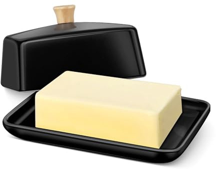 Flexzion Beurrier Européen Noir en Céramique avec Couvercle pour Plan de Travail (18 cm) - Boîte Large Double Pour 2 Bâtonnets de Beurre, Conteneur de Fromage à la Crème