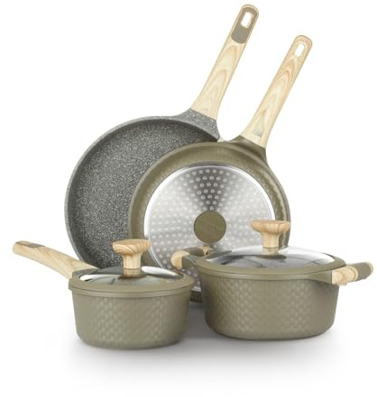 KASANOVA Set di Pentole Antiaderente Bambù, Adatte a Induzione, con Coperchi in Vetro Temperato (Verde, 6 pezzi)