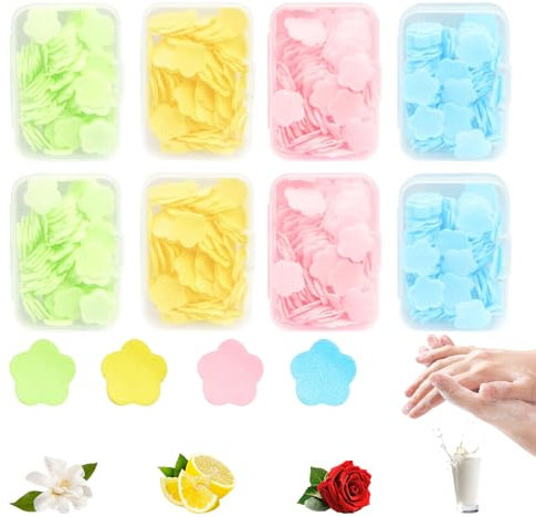 VIDSTW 8 Scatole Sapone in Fogli Forma di Petalo, Fogli di Sapone da Viaggio Fogli di Sapone con Portasapone da Viaggio per il Bagno, il Campeggio, Viaggi Uscite (4 Profumi)