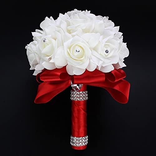 Anevous Brautstrauß mit Blumen, künstliche Blumenstrauß Romantischer Rosenstrauß Blumenstrauß mit Band, Gefälschte Rosen Blumen für Hochzeit Braut oder Brautjungfern,Rot