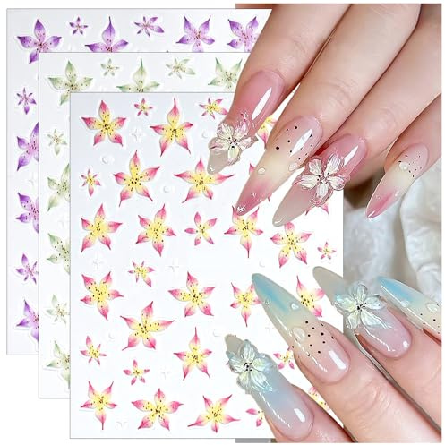 Lilie Blume Nagelsticker Selbstklebend 3D Blumen Nail Sticker Grün Lila Rosa Floral Nagel Stickers Lily Flower Nagelaufkleber Flowers Nagel Sticker Lily Nail Art Stickers Nageldesign Nägel Zubehör