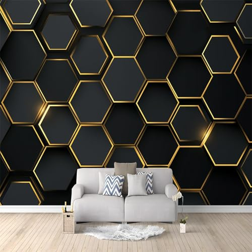 Fotomurales 3D Patrón De Panal Geométrico Negro Dorado 350x256 cm Papel Pintado Fotográfico, Decoración De la Pared Murales para Salón, Dormitorio, Habitación para Niños, Pared de TV