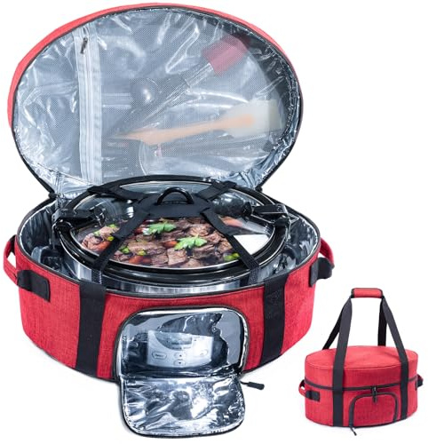 BAGSPRITE Insulated Slow Cooker Carrying Bag for 6-8 Quart CrockPot & Hamilton Beach, Portable Carrier Case with See-Through Window, Adjustable Band & Accessory Pocket, Red, 1914.2 in³, 1 pound