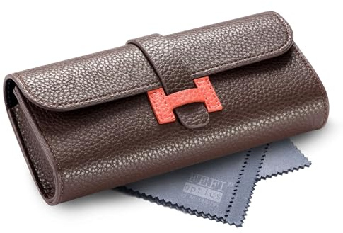 FEFI - Hardcase Softcase Brillenetui in attraktiver Leder-Optik mit Steckverschluss - inkl. Brillenputztuch (Braun)