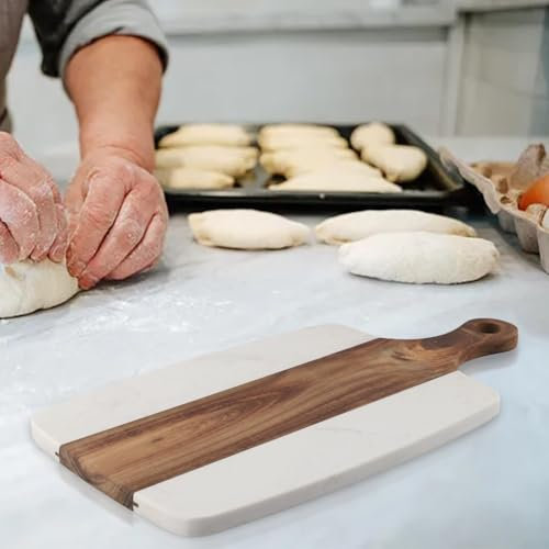 Taglieri in legno, marmo e legno con manico, per tagliare e intagliare carne, verdure, formaggio, pane, protegge i piani di lavoro (bianco)