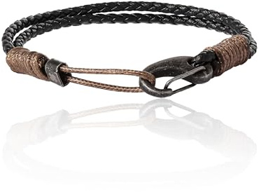 Lucky Brand 2-Row Corded Black Leather Bracelet for Men with Brown Rope and Carabiner Clip 8, Braided Bracelet, Rope Jewelry