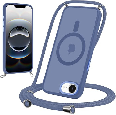 Yodege Magnetische Handyband für iPhone 16e 6,1 Hülle mit Band, Handyhülle Kompatibel mit MagSafe, Matt Transluzente PC + TPU Stoßfest Schutzhülle mit Abnehmbar Kordel zum Umhängen Case, Blau