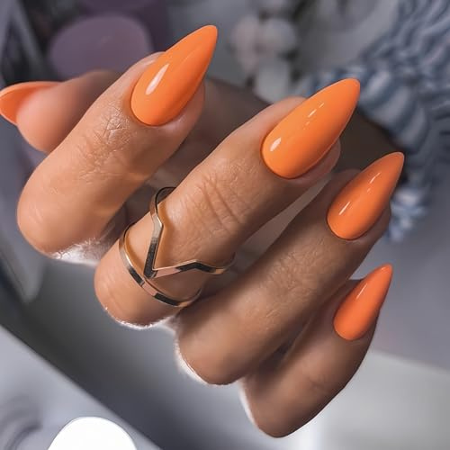 KQueenest Orange Press On Nails Mittel Mandel - Acryl Nägel zum Aufkleben, Natürlich Einfarbig Fake Nails Fingernägel zum aufkleben, Glänzende Gel Full Cover Kunstnägel für Frauen 24 Stück