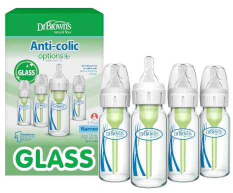 Dr. Brown's Anti-Colic Options+ schmale Glas-Babyflasche mit langsamem Trinksauger Stufe 1, BPA-frei, 120 ml, 4 Stück