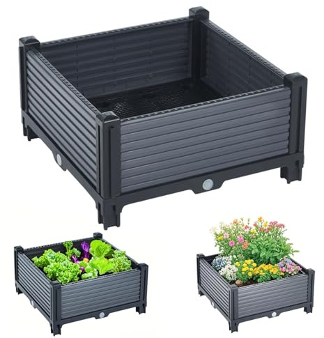 Raised Garden Bed , Plastic Planter Box with Drainage Holes, Drain Plugs, Water Reservoirs, Garden Planters Pots for Growing Flowers Vegetables Plants Herbs Indoor Outdoor (40x40x20cm)