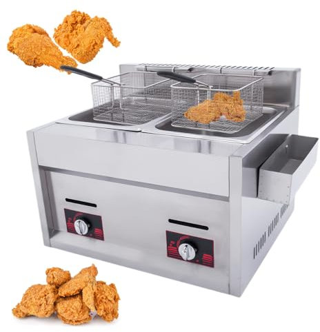 Glowdora Friteuse À Gaz À Double Fente en Acier Inoxydable 10l X 2, Friteuse Professionnelle pour Restaurants Commerciaux Et Cuisines Domestiques, Adaptée Au Poulet Frit, Aux Frites, Etc.