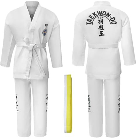 CHUIKUAJ Kimono da Karate Unisex,Judogi Uniform con Cintura Bianco-Gialla, Uniforme Professionale da Taekwondo ITF, Perfetta per Allenamento e Combattimento per Bambini e Adulti,White-160